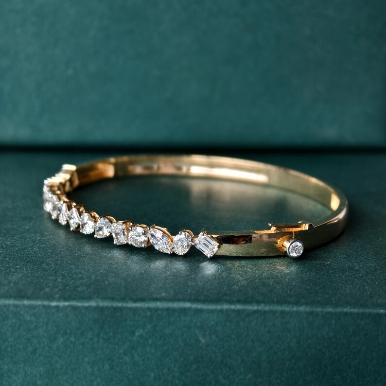 Lab Grown Diamond Gold Bangle Bracelet, Mix Cut Diamond Bracelet For Wedding, Multi Shape Solid Gold Diamond Bracelet, Bangle Bracelet Gift
