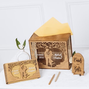 Boîte à cartes en bois pour mariage, boîte souvenir personnalisée avec emplacement pour cartes et enveloppes, assortie avec livre d'or + plaque en bois + 2 stylos