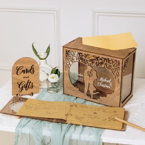 Personalized Wedding Guest Book Set – &#39;Couple in Love&#39; Design – Custom Card Box, Guest Book, Rustic Pens, and Wooden Sign
