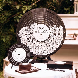 Vinyl Record Wedding Guest Book Drop Box: Personalized Wooden Hearts, Retro Decor