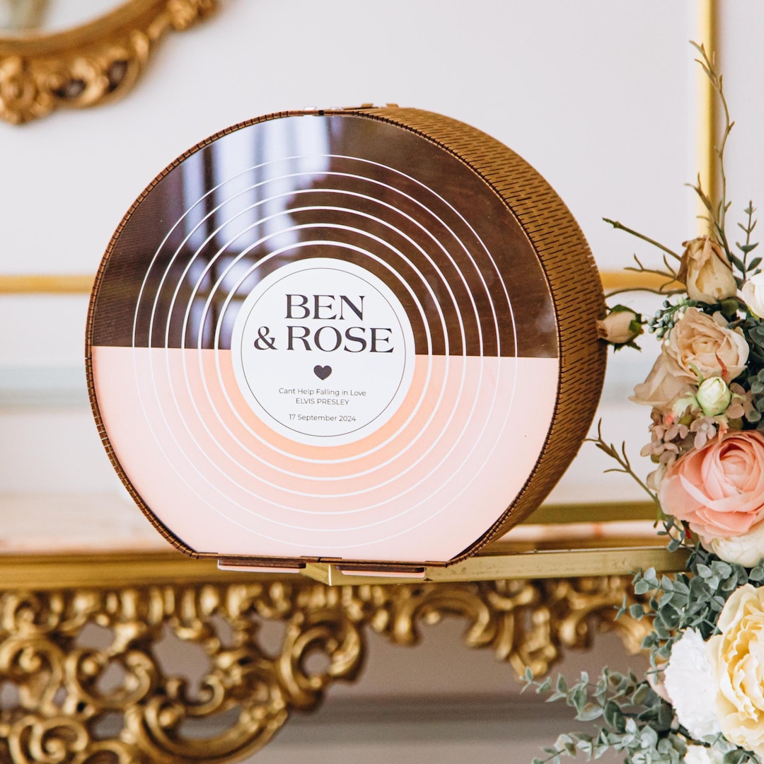 Retro Vinyl Record Wedding Card Box: Personalized Keepsake Envelope Holder with Wooden Sign - 47