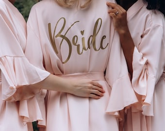 Ruffle Bridal Robes Blush Bride Robe Satin Bridesmaid Robes Bridal Party Robes Personalized Robes Gold or Black Lettering Plus Size Robe