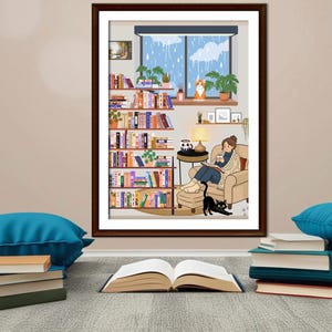Peut inclure: Illustration d'une scène de lecture confortable. Une personne lit dans un fauteuil, avec un chat noir à proximité. Une bibliothèque est remplie de livres. La scène est encadrée par une fenêtre avec de la pluie et des plantes. Des livres et des coussins bleus sont au premier plan.