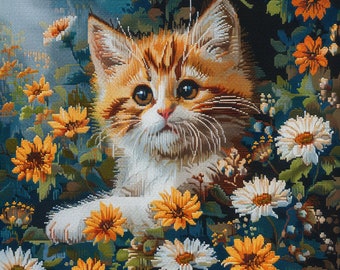 Cute Little Cat Embroidery Pattern, Beginners Hand Cross Stitch, Easy Art Hoop Kit, Floral Cross Stitch Designs, Nature Easy Cross Stitch