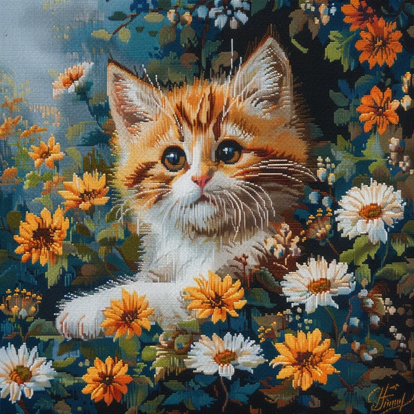 Cute Little Cat Embroidery Pattern, Beginners Hand Cross Stitch, Easy Art Hoop Kit, Floral Cross Stitch Designs, Nature Easy Cross Stitch