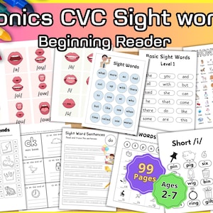 以下が含まれることがあります： 2歳から7歳までの子供向けの、カラフルな99枚の印刷可能なフォニックスワークシートのセットです。ワークシートには、CVCの視覚単語、始まりのブレンド、短い母音の音、視覚単語の文章が含まれています。ワークシートは、子供たちが読み書きを学ぶのを助けるように設計されています。