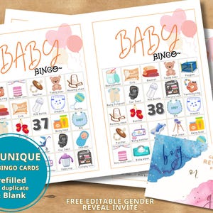 50 cartes de jeu pré-remplies de bingo-test et de révélation du genre pour baby shower, cadeau de bingo pour bébé, carte d'invitation de fête de révélation du genre de jeu minimaliste