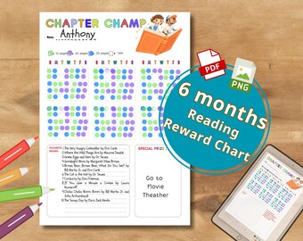 Pode incluir: Um gráfico de recompensas de leitura imprimível de 6 meses para crianças. O gráfico apresenta um design colorido com uma grade de círculos para acompanhar o progresso da leitura. O gráfico inclui um prêmio especial por completar o gráfico: "Ir ao cinema".