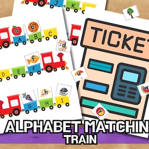 Puede incluir: Un juego de asociación de alfabeto imprimible para niños. El juego presenta un tren rojo con vagones coloridos y letras en cada vagón. El juego también incluye una taquilla con una ventana de venta de boletos y una ranura para un boleto. El juego está diseñado para ayudar a los niños a aprender el alfabeto.