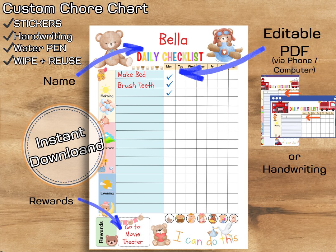 Cute Bear Chore Reward Chart Engage Kids With Adorable Cartoons ...