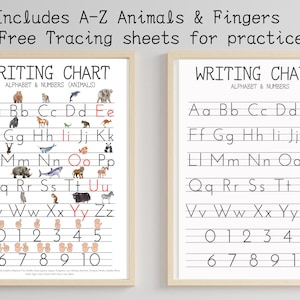 May include: Two black and white printable writing charts with the alphabet and numbers 0-10. The chart on the left has animal illustrations next to each letter. The chart on the right has blank lines for tracing.