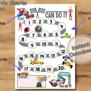 Puede incluir: Un gráfico de recompensas imprimible con temática de carreras con una pista gris y círculos numerados. El gráfico presenta un coche, un trofeo y el texto "Can Do It" y "You Did It!"