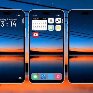 May include: Three smartphones displaying a sunset wallpaper with a lake and sky. The screens show the date and time, a calendar, and app icons, including YouTube. The phones have a white frame.