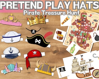 Printable Pirate Fantasy Dress-Up Hats Treasure Map Cards Pretend Play Set for Kids Classroom Birthday Craft Instant Download PDF & PNG
