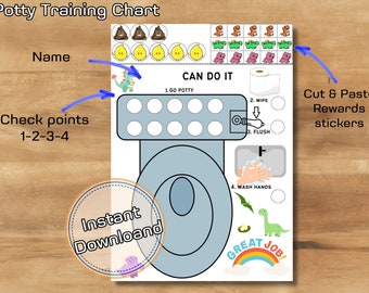 May include: Potty training chart with a blue toilet illustration. Includes steps: Go Potty, Wipe, Flush, Wash Hands. Features reward stickers and the text "Instant Download". Includes the text "Great Job!"