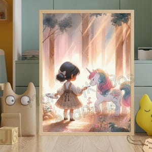 Little Girl Drawing Unicorn Wall Art | Pink Girl’s Room Decor | Digital Download Printable | Kids Room Unicorn Print | Forest Theme Artwork