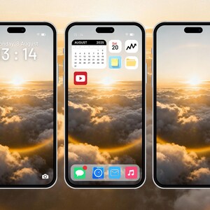 May include: Three smartphones displaying a sunrise over clouds. The screens show the date and time, a calendar, and app icons. The background is a vibrant sunset with golden light.