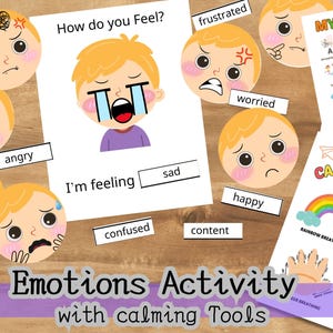 May include: A printable emotions activity for kids with illustrated faces showing different emotions like sad, happy, angry, scared, frustrated, worried, and confused. The activity includes a section for calming tools like rainbow breathing, deep breathing, and blowing out candles.