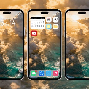 May include: Three smartphones displaying a seascape wallpaper with a cloudy sky. The screens show app icons, a calendar for August 2025, and the time. The phones have black bezels and a notch at the top.