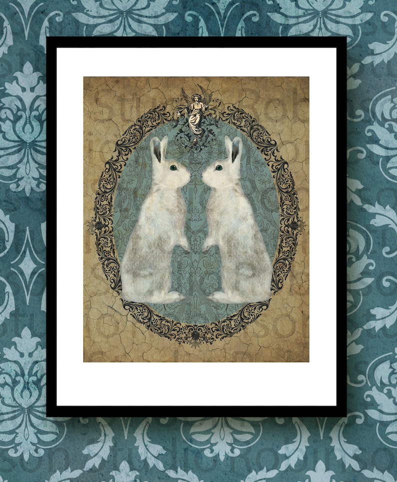 Double White Rabbit Bunny. Original Digital Art Photograph. Wall Art ...