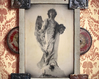 On Reserve. Guardian Angel. Original Encaustic Photo Mixed Media Art. Angel Wings. Angel Assemblage. A GIFT of FLOWERS by Mikel Robinson