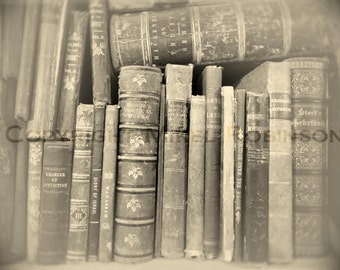 Books Bookshelf. Original Digital Photograph Art Print. Black and White. Antique. Wall Art. Wall Decor. BOUND to the PAST by Mikel Robinson