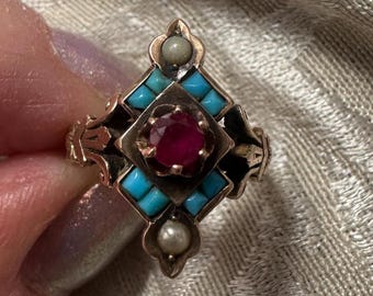 Ruby, Turquoise, Pearl 14K Gold Antique Ring Size 3-7/8