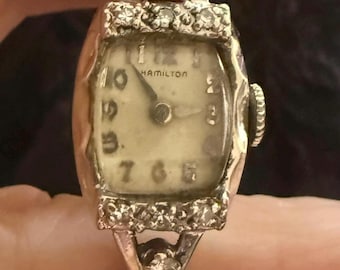 Hamilton Diamonds 14K White Gold Mechanical Watch Working 7-1/2"