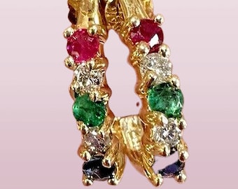14K Gold Genuine Diamond, Ruby, Emerald, Sapphire Gorgeous PiercedEarrings 6/8"H