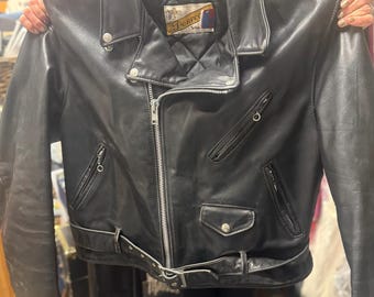 Vintage 1980's Size L Schott Perfecto Black Motorcycle MC Leather