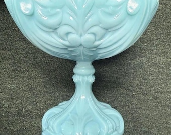 Portieux vallerysthal France Aqua Blue Opaline Milk Glass Compote 6-1/2"H, 6"W
