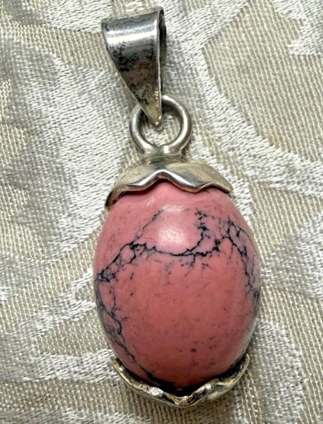 Howlite Dyed Pink Stone Vintage Mexican Sterling Pendant 1-1/8