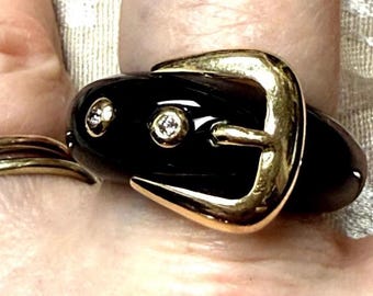 Black Onyx Unusual Ring 14k Gold Buckle W/ 2 Diamonds Unusual Ring Size 9