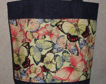 New Large Handmade Butterflies Butterfly on red background Denim Tote Bag