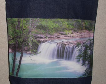 Waterfall Tote Bag Ozark Original Photograph Photo Large Denim Tote Bag Handmade