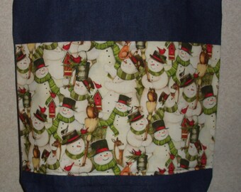 New Large Handmade Snowman Snowmen Owls Country Holiday Winter Christmas Denim Tote Bag