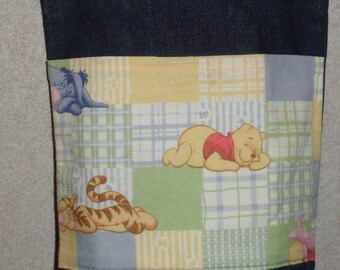 New Small Denim Tote Bag Handmade with Winnie Pooh Tigger Plaid Fabric