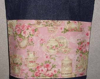 New Large Handmade Teapots Tea Roses Garden Denim Tote Bag