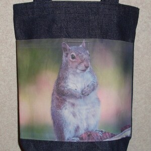 New Handmade Squirrel Original Photo Photograph Fabric Small Denim Tote Bag
