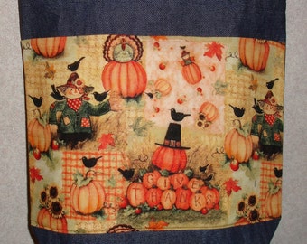 New Medium Handmade Fall Thanksgiving Harvest Pumpkin Give Thanks Denim Tote Bag