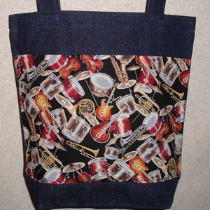 New Medium Handmade Music Musical Instruments Drum Violin Guitar Band Denim Tote Bag