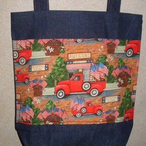 New Large Handmade Americana Patriotic Town Truck Flag USA Print Denim Tote Bag