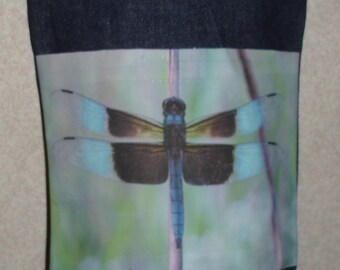 New Handmade Dragonfly Original Photo Photograph Fabric Small Denim Tote Bag