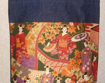 New Handmade Medium Denim Tote Bag Bright Japanese Geisha Theme