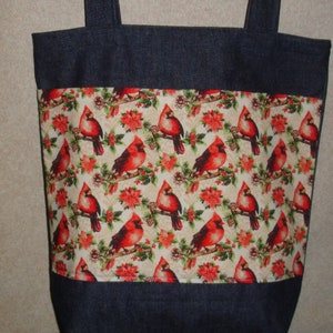 New Large Handmade Christmas Cardinal Poinsettia Denim Tote Bag