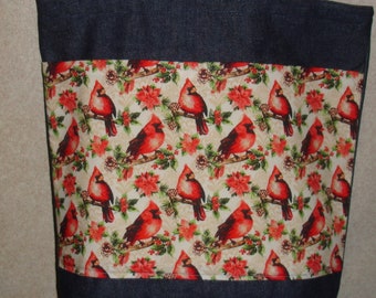 New Large Handmade Christmas Cardinal Poinsettia Denim Tote Bag