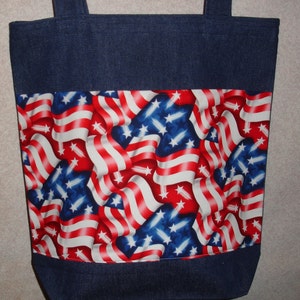 New Large Handmade Flag Ribbons USA Americana Patriotic Denim Tote Bag Purse