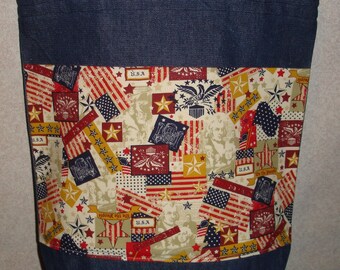 New Large Handmade Patriotic Classic Americana Flag Eagle USA Toss Denim Tote Bag