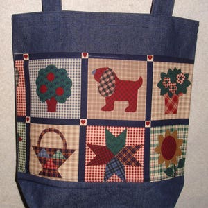 New Handmade Large Denim tote Bag Quilt Squares Print Theme