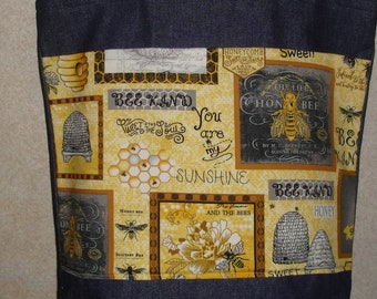 Bee Honey Patch Denim Tote Large Handmade Shopping Bag